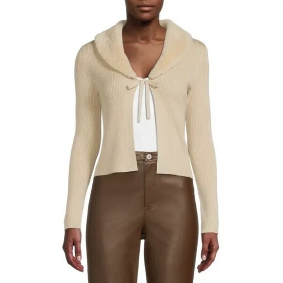 Faux Fur Collar Cardigan Sweater Women Medium 7-9 Beige Removable Collar - Picture 2 of 7